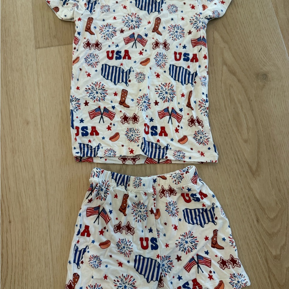 Kids USA 4th of July Fireworks Print Pajama Set - White/Red/Blue